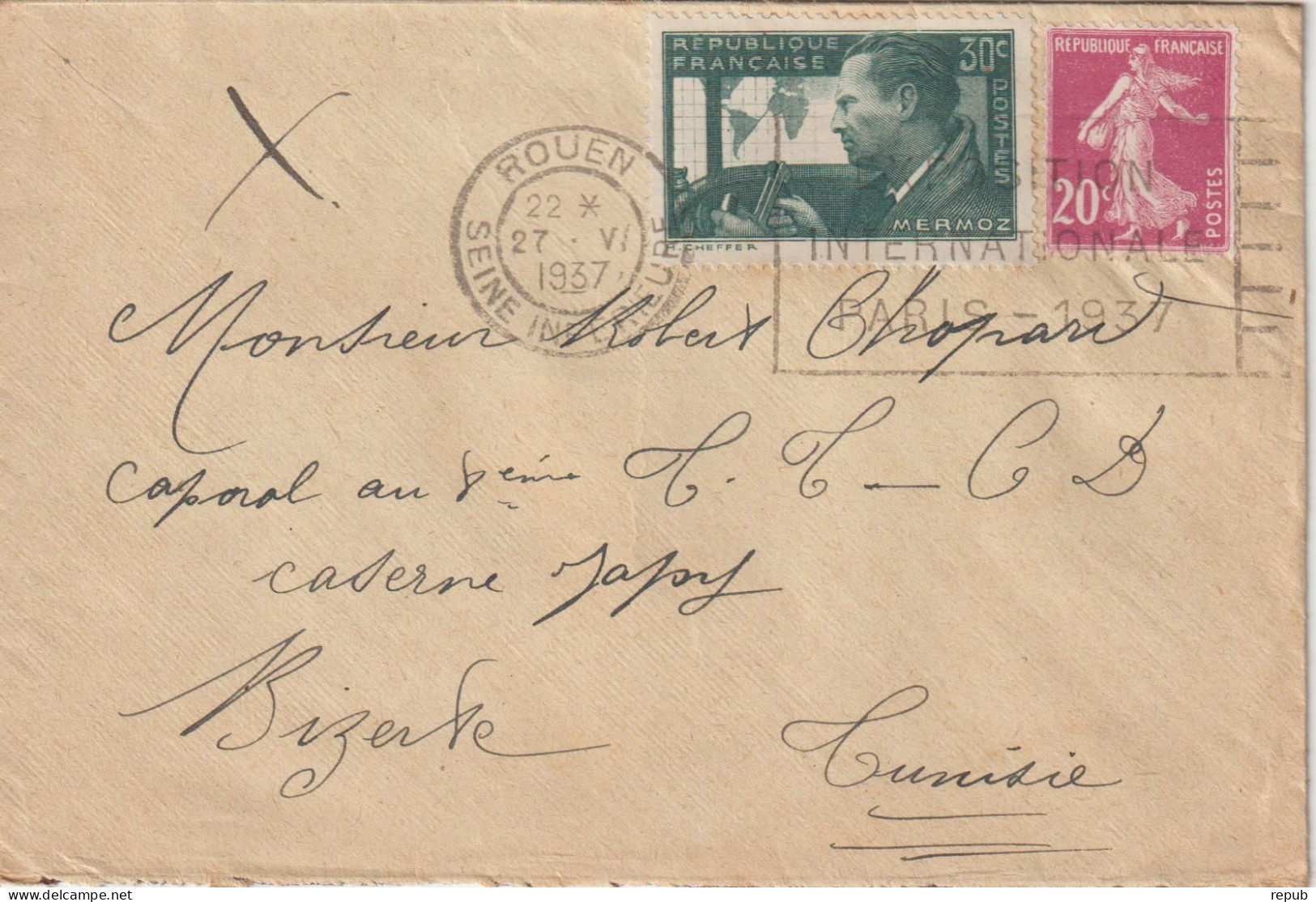 France Lettre 1937 De Rouen Pour Bizerte Tunisie - 1921-1960: Période Moderne