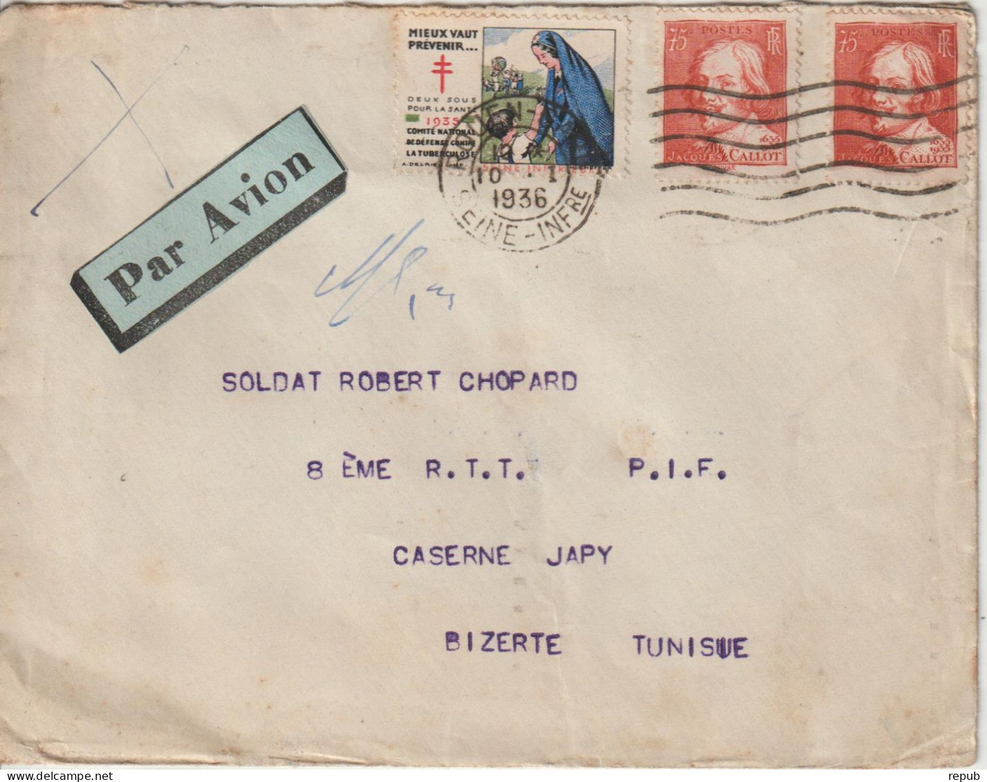 France Lettre 1936 De Rouen Pour Bizerte Tunisie Avec Vignette - 1921-1960: Periodo Moderno