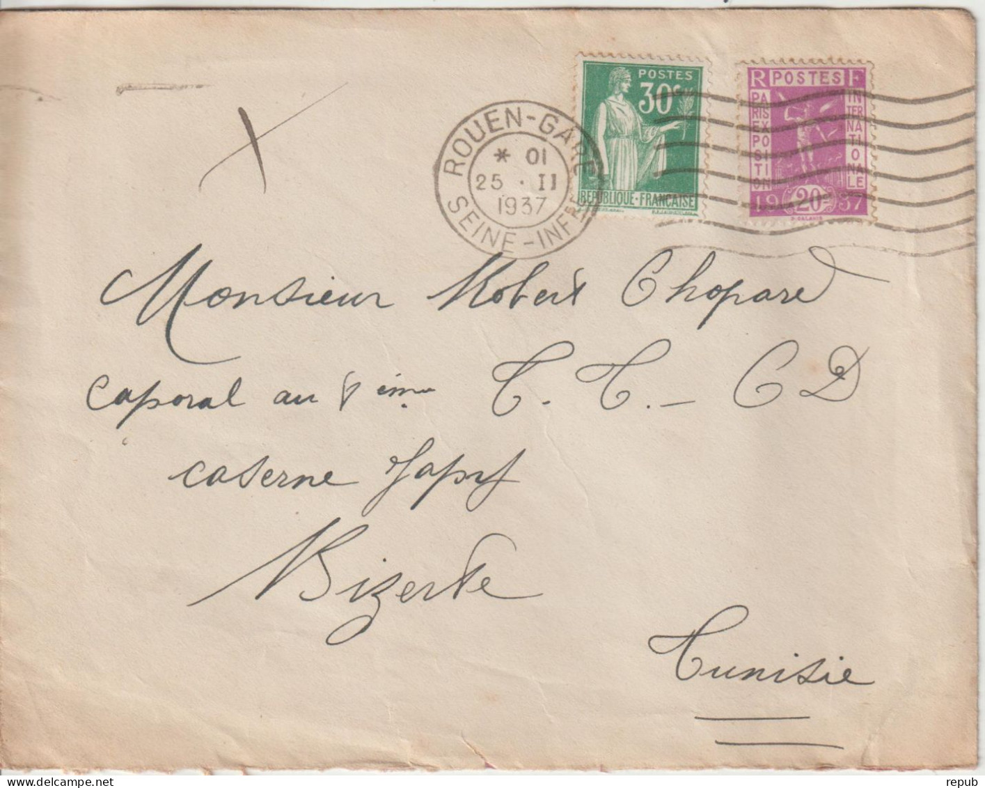 France Lettre 1937 De Rouen Pour Bizerte Tunisie - 1921-1960: Moderne