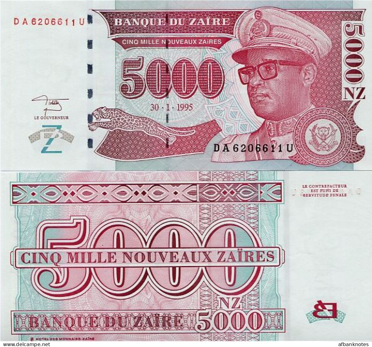 ZAIRE       5000 Nouveaux Zaïres        P-69       30.1.1995       UNC - Zaïre