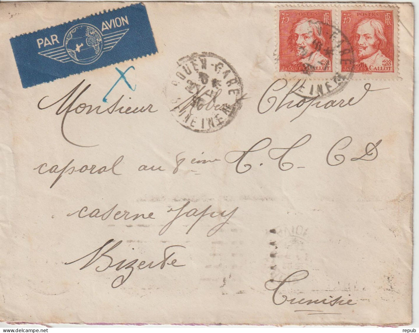 France Lettre 1937 De Rouen Pour Bizerte Tunisie - 1921-1960: Modern Period