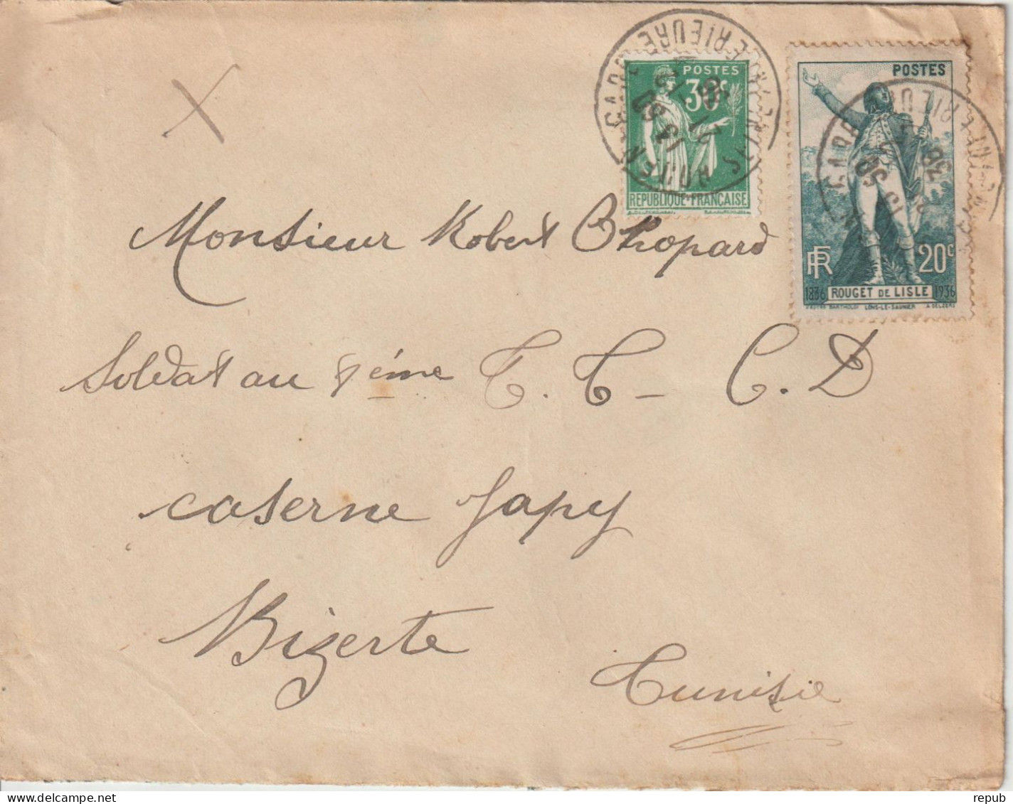 France Lettre 1938 De Rouen Pour Bizerte Tunisie - 1921-1960: Modern Tijdperk