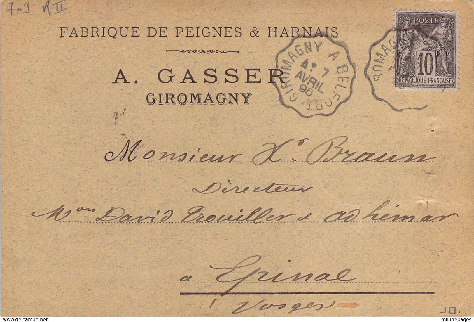 90 Carte Postale Privée A.Gasser Peignes Et Harnais à Giromagny + Convoyeur Giromagny à Belfort 1896 - Giromagny