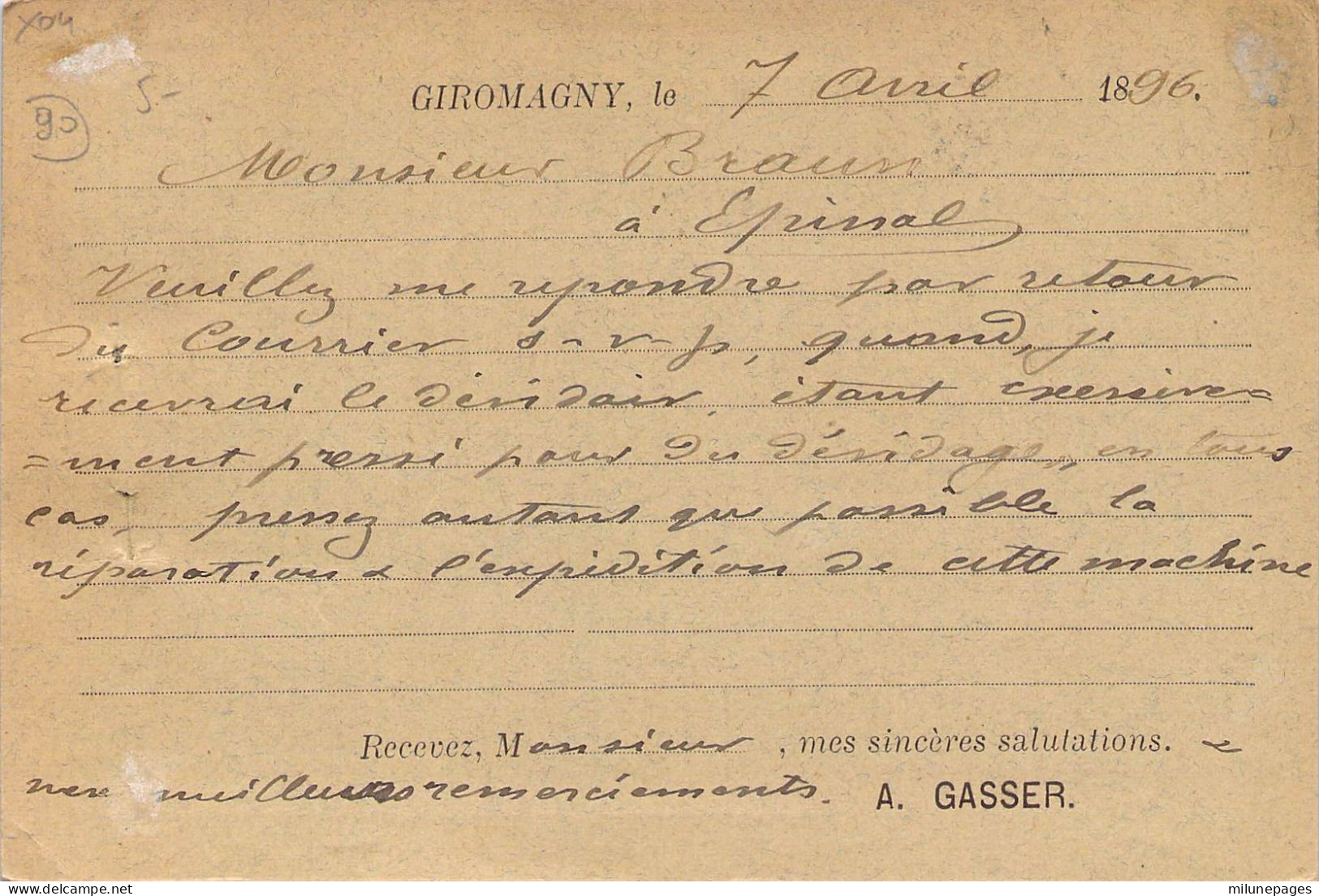 90 Carte Postale Privée A.Gasser Peignes Et Harnais à Giromagny + Convoyeur Giromagny à Belfort 1896 - Giromagny