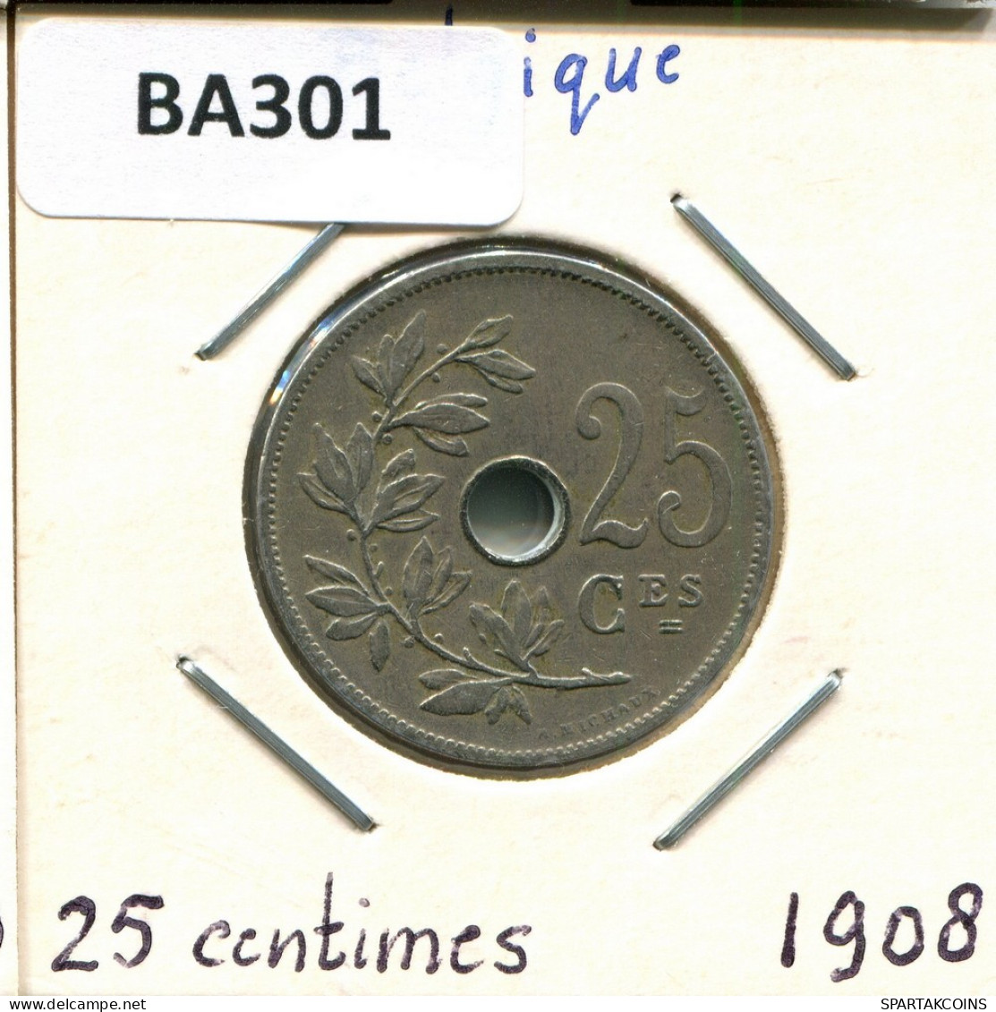 25 CENTIMES 1908 FRENCH Text BELGIUM Coin #BA301.U - 25 Cent