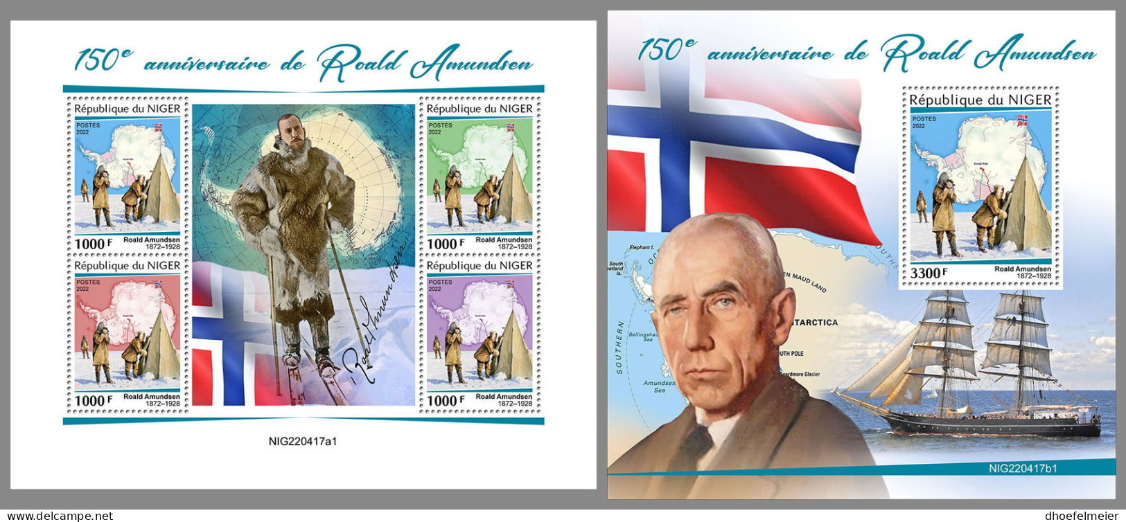 NIGER 2022 MNH Roald Amundsen M/S+S/S - OFFICIAL ISSUE - DHQ2315 - Polarforscher & Promis