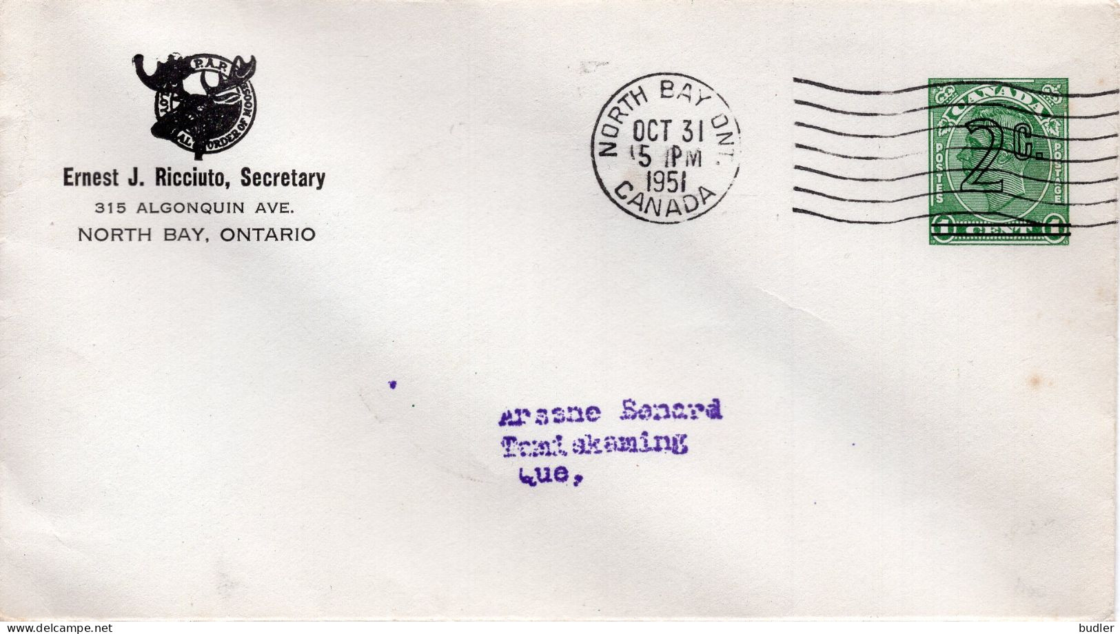 CANADA :1951: Postal Stationery / Entier Postal – King George VI – 2 Cent.    Travelled /Voyagé. - 1903-1954 Könige