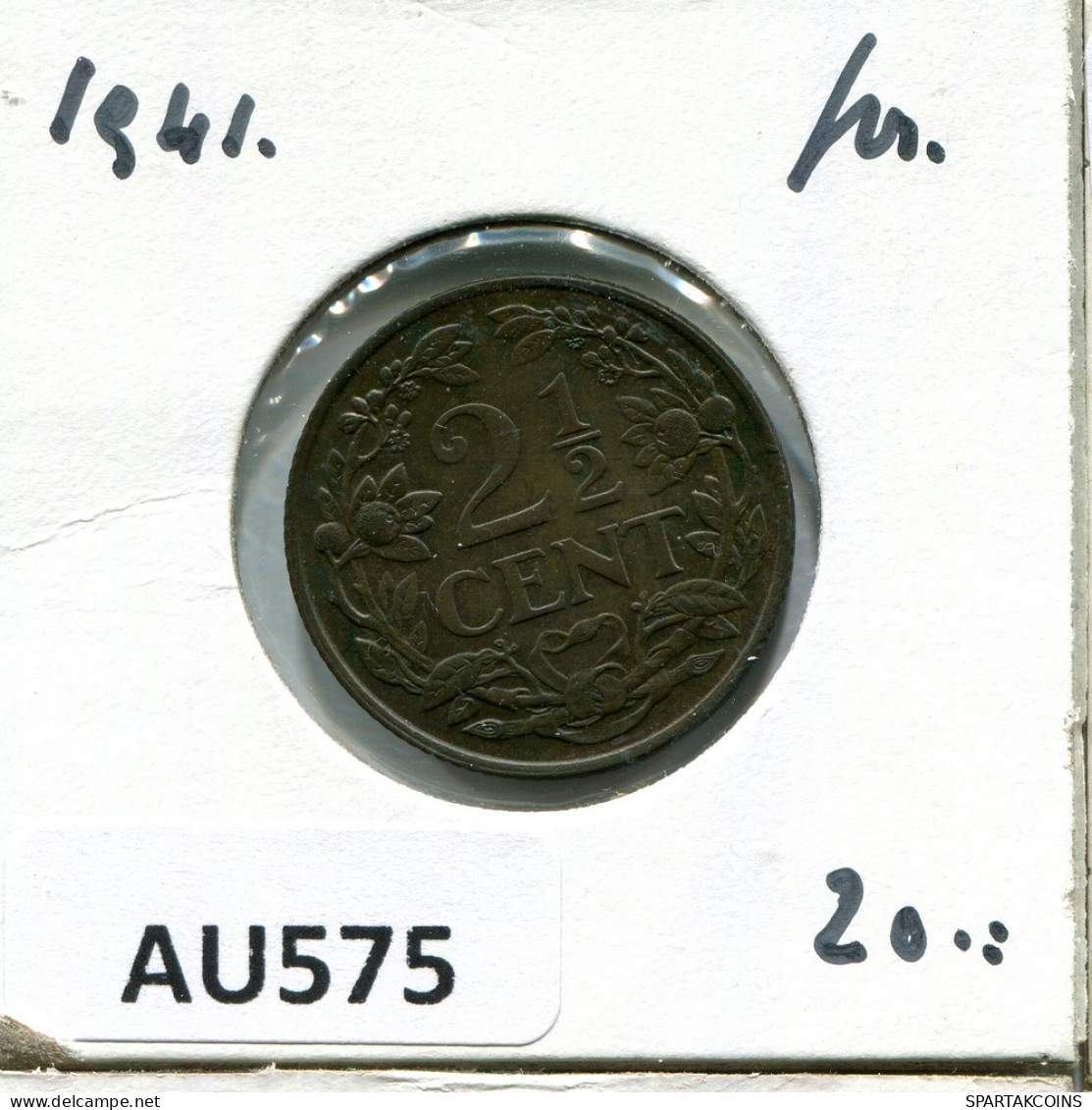 2 1/2 CENT 1941 NIEDERLANDE NETHERLANDS Münze #AU575.D - 2.5 Cent