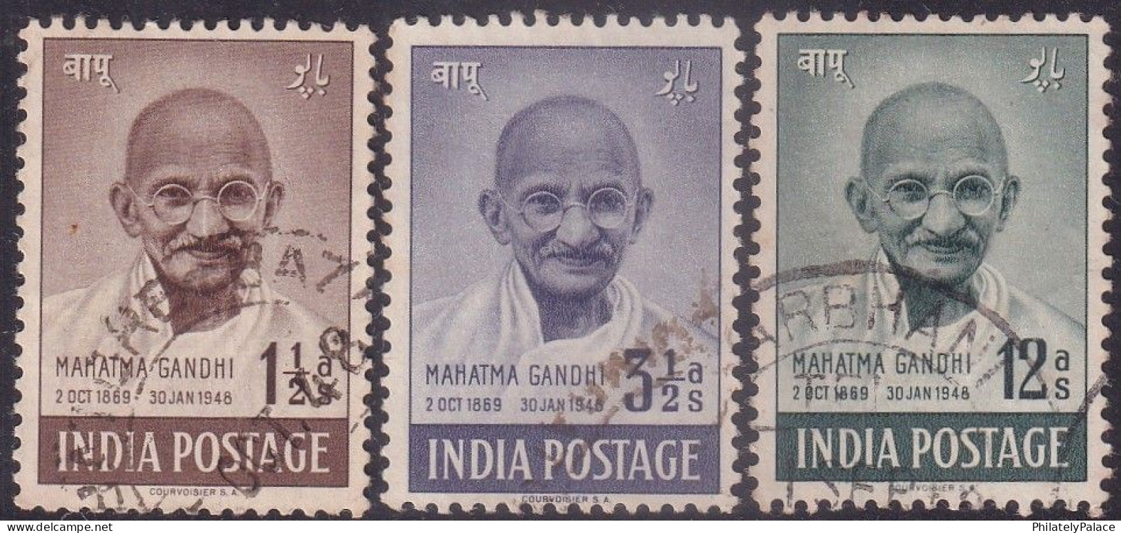 India 1948 First Anniv. Of Independence ,1½A Brown, 3½A Violet,12A Greyish Green,Mahatma Gandhi,3v Used (**) Inde Indien - Used Stamps