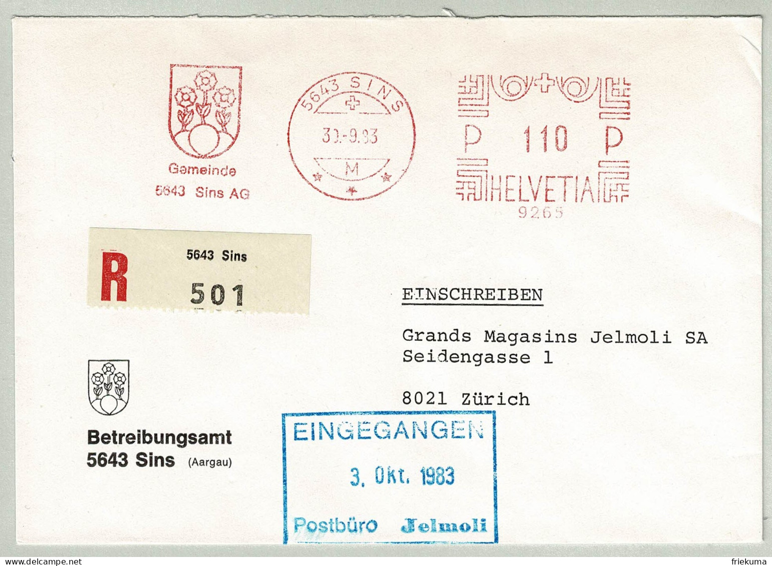 Schweiz / Helvetia 1983, Brief Einschreiben Freistempel / EMA / Meterstamp Sins - Zürich, Wappen / Coat Of Arms, Rosen - Frankiermaschinen (FraMA)