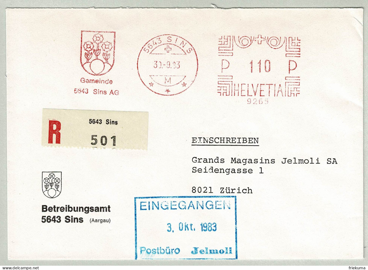 Schweiz / Helvetia 1983, Brief Einschreiben Freistempel / EMA / Meterstamp Sins - Zürich, Wappen / Coat Of Arms, Rosen - Postage Meters