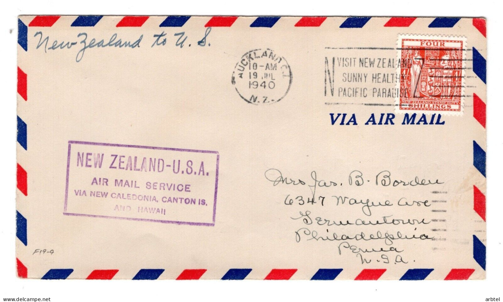 NUEVA ZELANDA CC 1940 PRIMER VUELO A USA VIA CANTON ISLAND FIRTS FLIGHT - Poste Aérienne