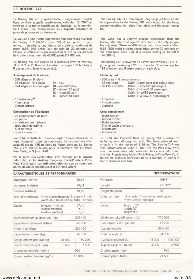 BOEING  747   FICHE TECHNIQUE PUBLIEE PAR SERVICE TECHNIQUE AIR FRANCE EN 1974 - Opengewerkte Tekening/ Doorsnede