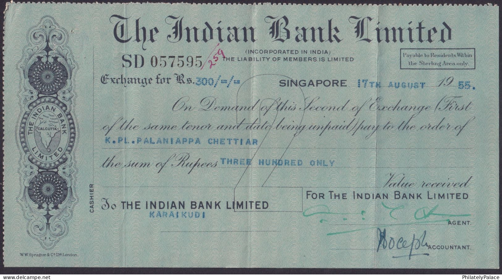 India 1955 The Indian Bank Limited, Singapore Bill Of Exchange Cheque (**) Inde Indien - Cheques & Traveler's Cheques