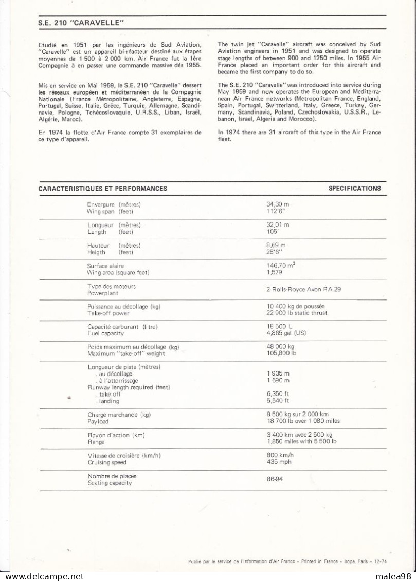 S.E  210 "CARAVELLE ",FICHE TECNIQUE PUBLIEE PAR LE SERVICE DE L'INFORMATION D'AIR  FRANCE  197 - Opengewerkte Tekening/ Doorsnede