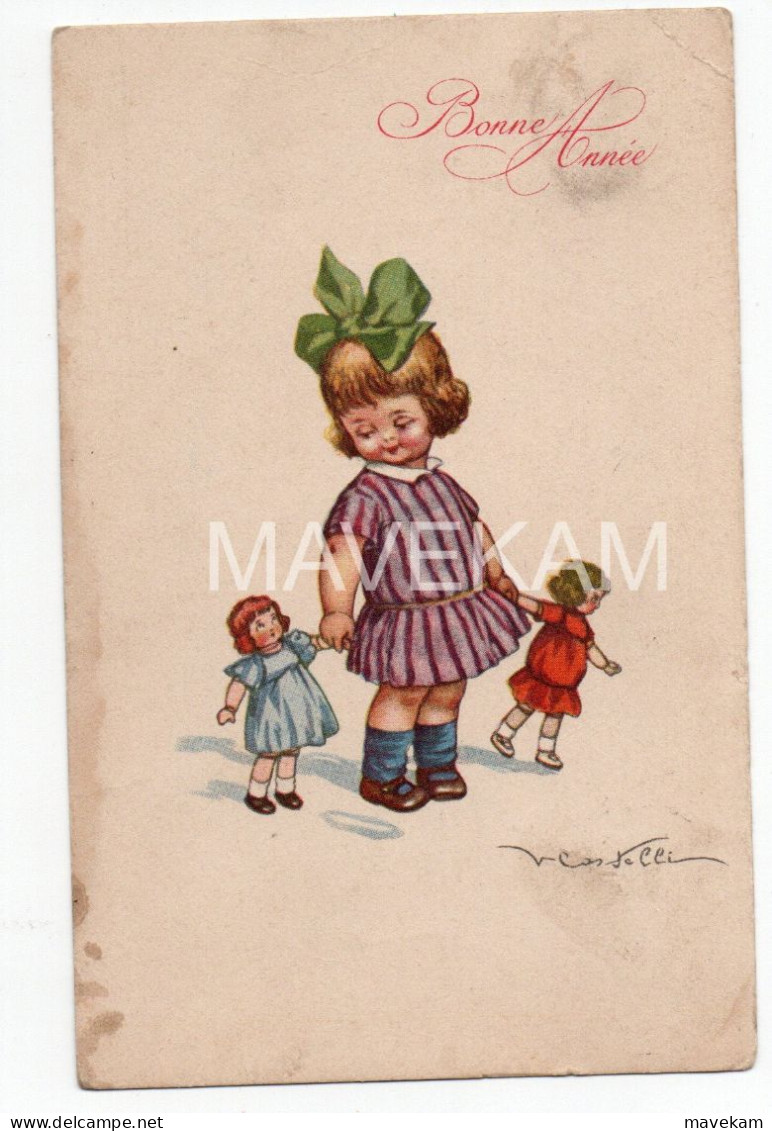 Cpa   Castelli " Bonne Année "  ( Petite Fille Avec Ses 2 Poupées ) - Castelli