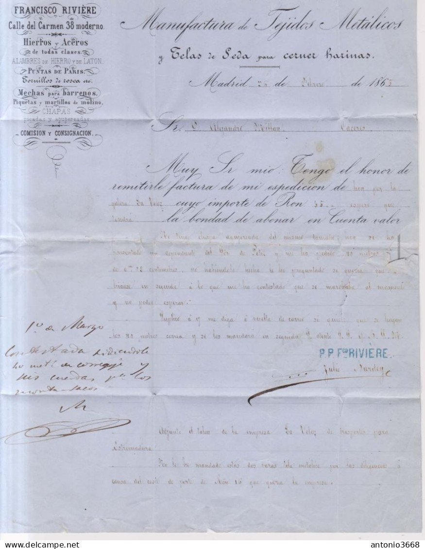 Año 1865 Edifil 75 4c Sello Isabel II Carta+factura Matasellos Rejilla Cifra 1 Membrete Riviere - Lettres & Documents