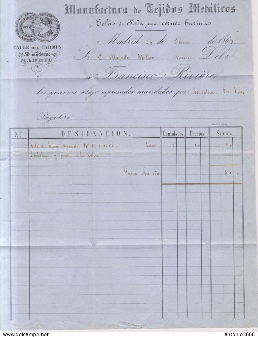 Año 1865 Edifil 75 4c Sello Isabel II Carta+factura Matasellos Rejilla Cifra 1 Membrete Riviere - Brieven En Documenten