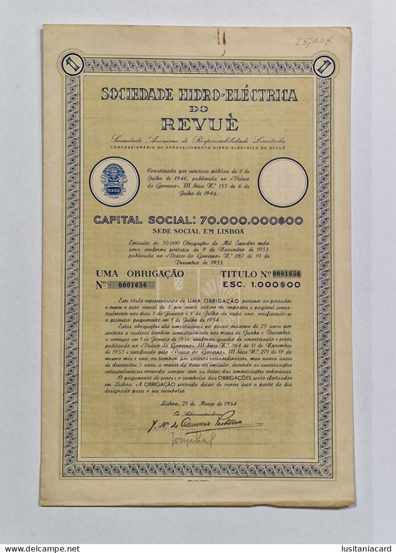 PORTUGAL- LISBOA- Sociedade Hidro-Electrica Do Revué. Uma Obrigação  1000$00 - Nº 0001656 - 25MARÇ1954 - Elektrizität & Gas
