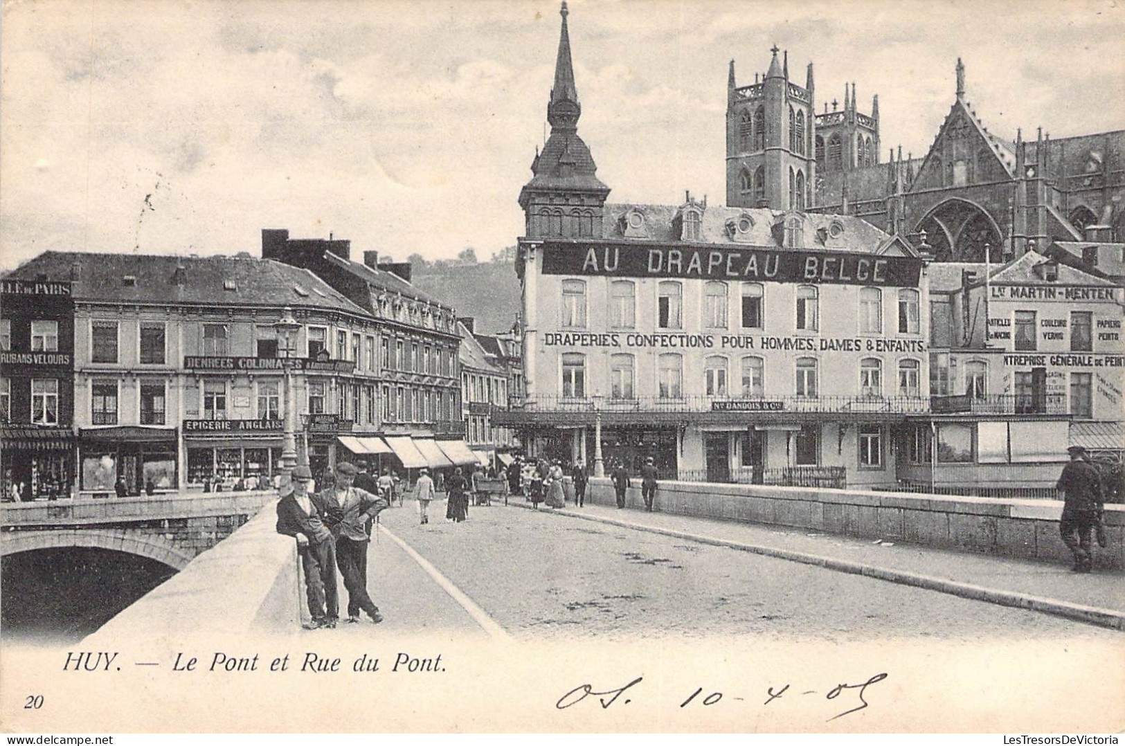Belgique - Huy - Le Pont Et Rue Du Pont - Animé - Au Drapeau Belge - Th. Van Den Heuvel  - Carte Postale Ancienne - Hoei