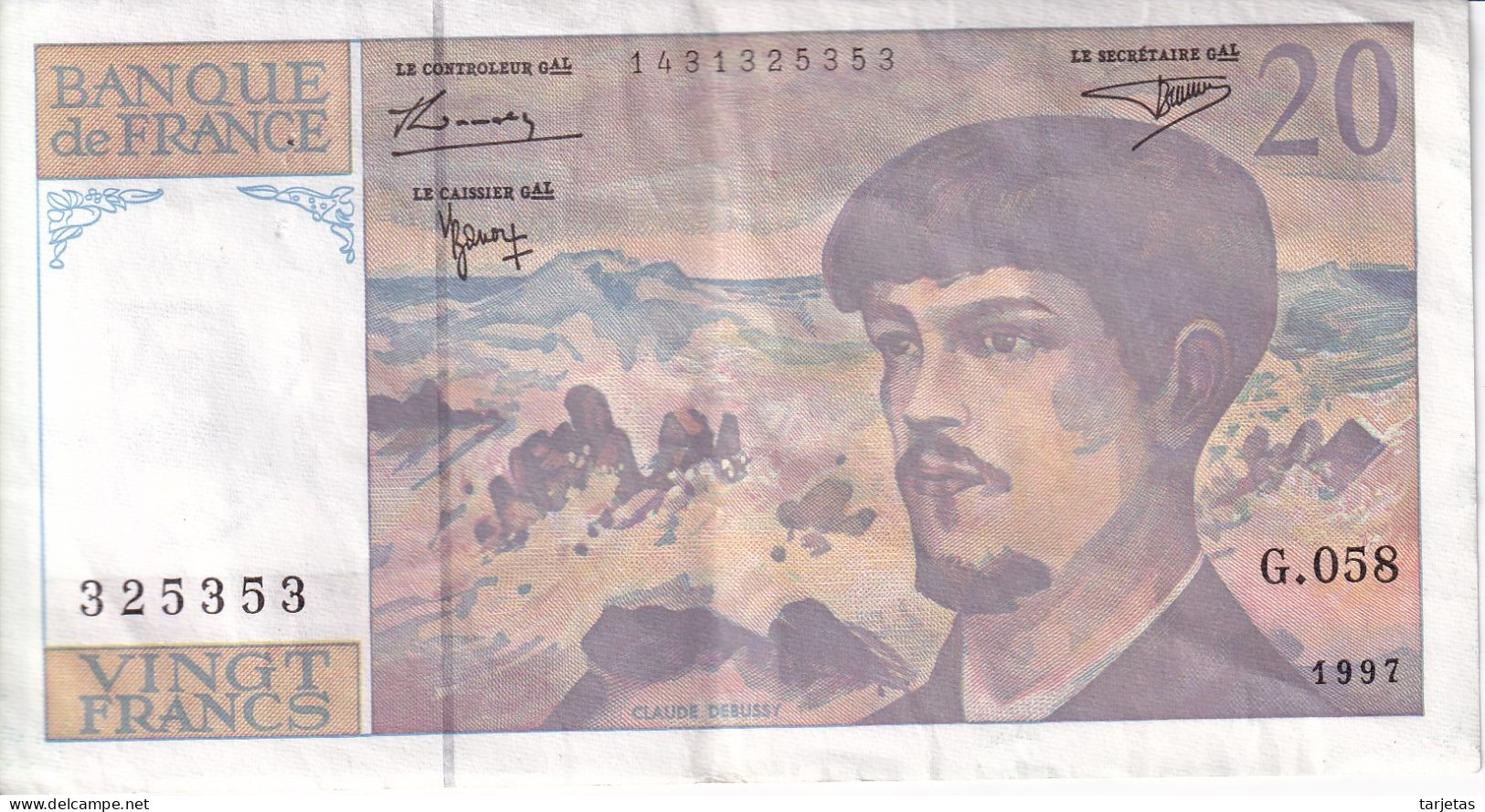 BILLETE DE FRANCIA DE 20 FRANCS DEL AÑO 1997 SERIE G.058 EN CALIDAD EBC (XF)   (BANKNOTE) CLAUDE DEBUSSY - 20 F 1980-1997 ''Debussy''