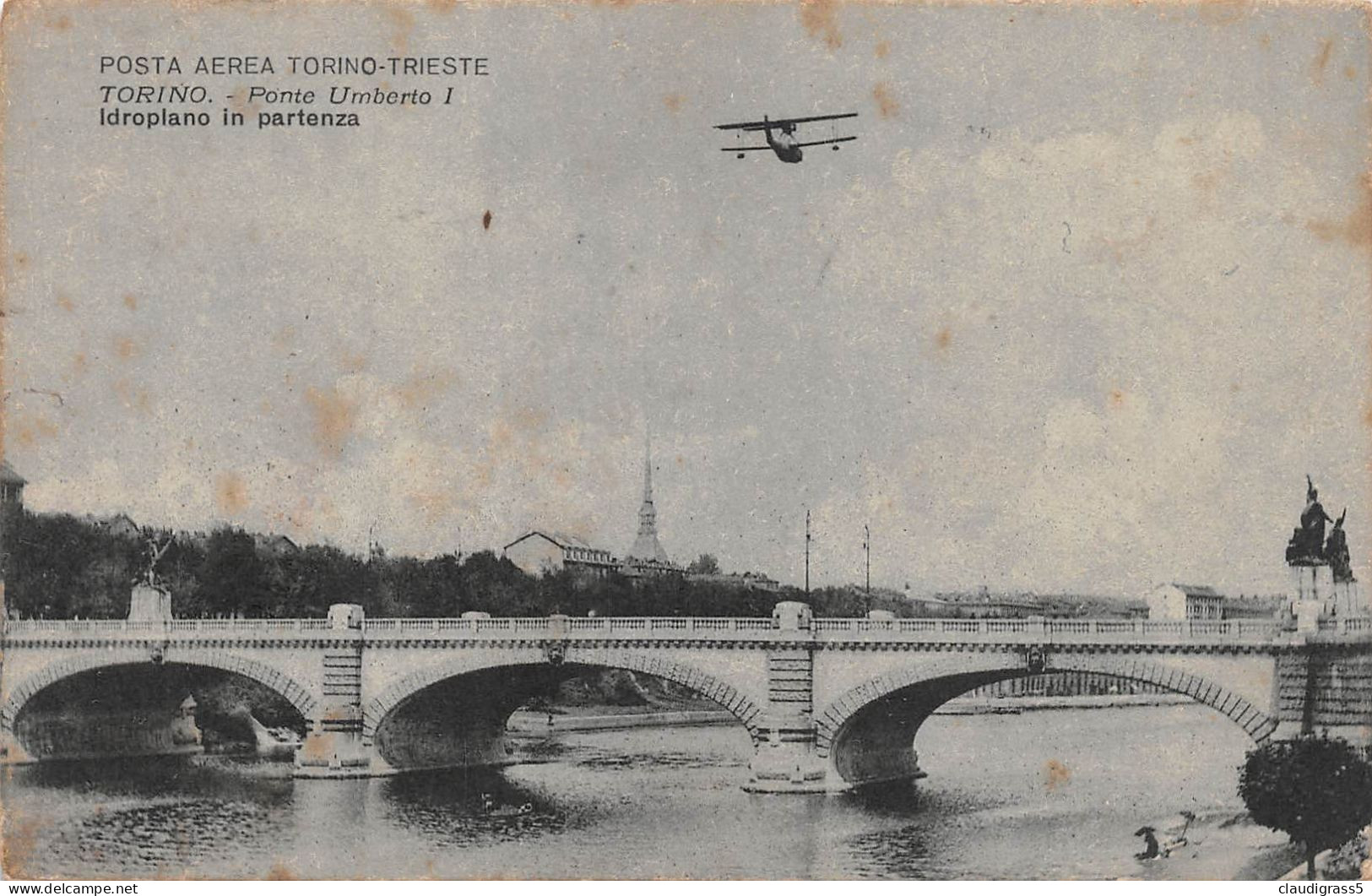 3623 " TORINO - POSTA  AEREA TORINO - TRIESTE - PONTE UMBERTO I IDROPLANO IN PARTENZA  "  ANNO 1925 - Transports