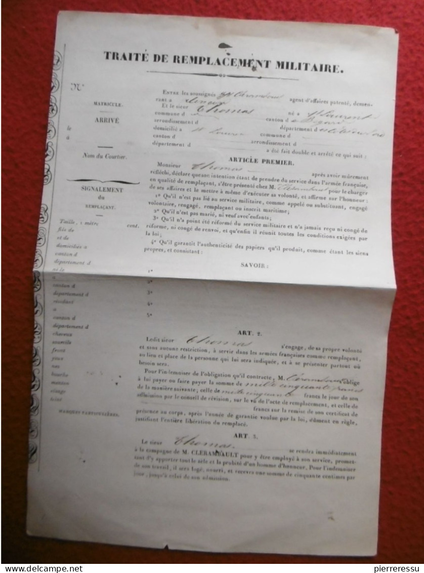 TRAITE DE REMPLACEMENT MILITAIRE ENTRE CLERAMBAULT ET THOMAS 1847 - Documents