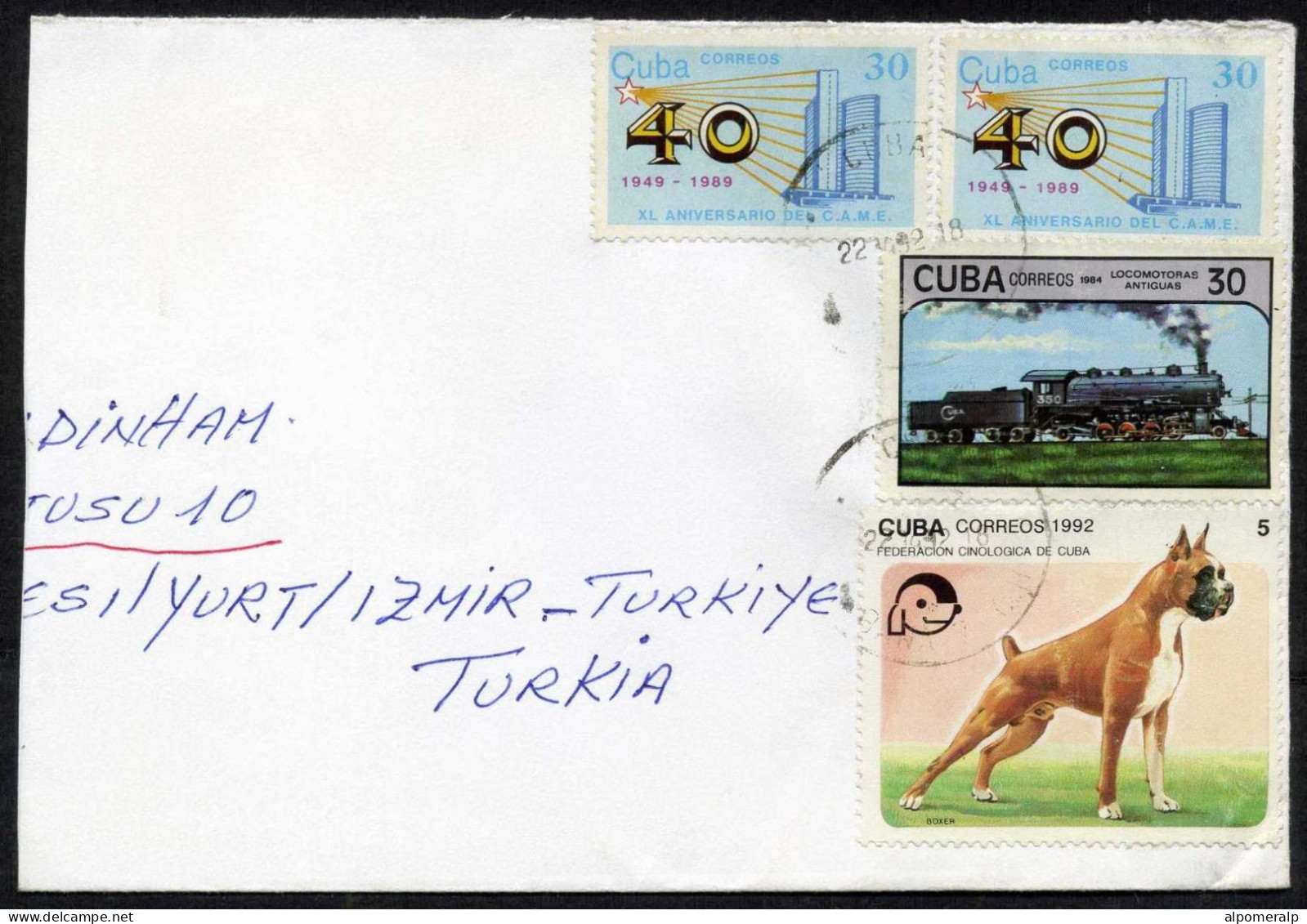 Cuba, 22/04/1992 Cover Used To Türkiye | Arrival Postmark: "14/5/92 Eşrefpaşa, Izmir" | Locomotive, Railway, Dog - Brieven En Documenten