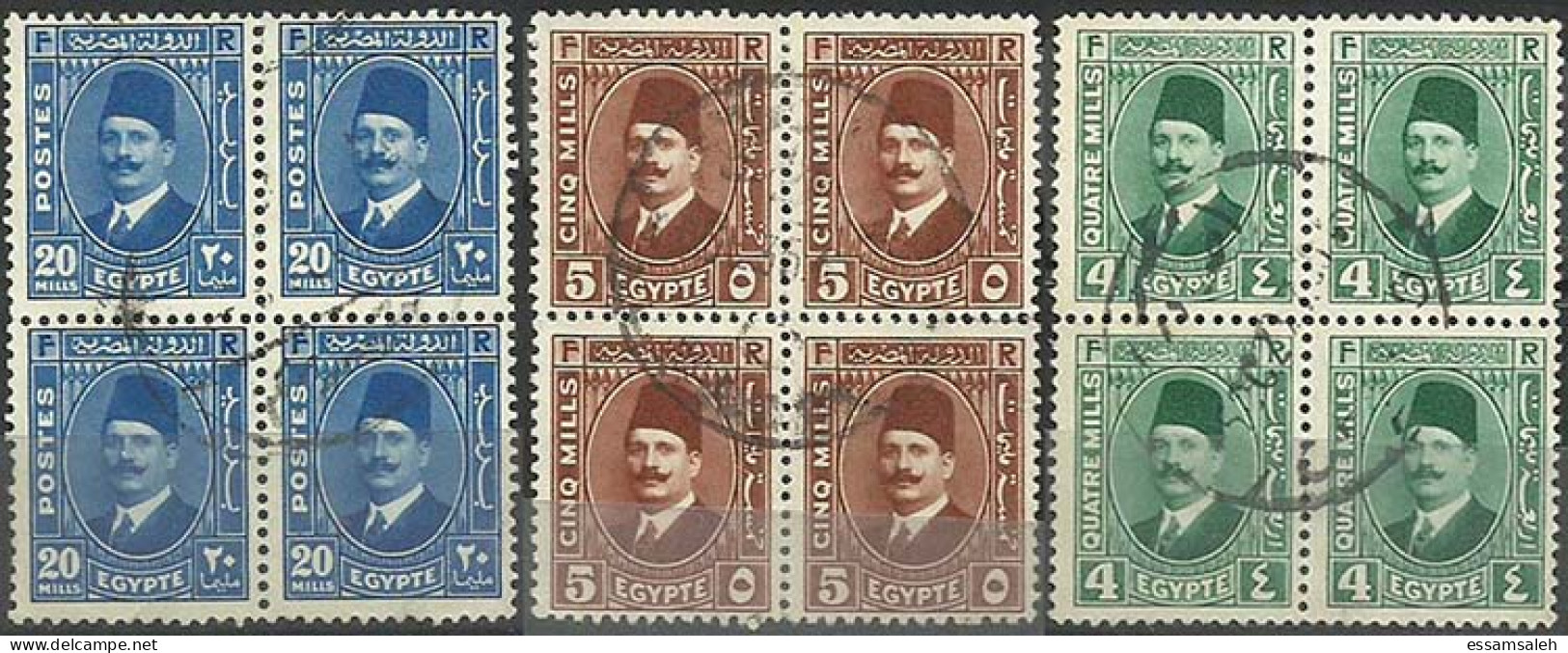 EGS05421 Egypt 1927 Definitive ( 4m - 5m - 20m ) King Fouad Blocks Of 4 / VF Used - Blocks & Sheetlets