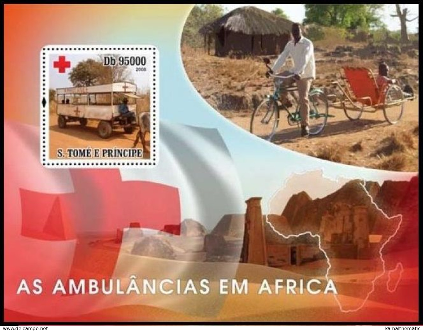 Sao Tome 2008 MNH Traditional Ambulance, Africa, Red Cross, Bicycle, Bullock Cart, Medical Transport - Secourisme