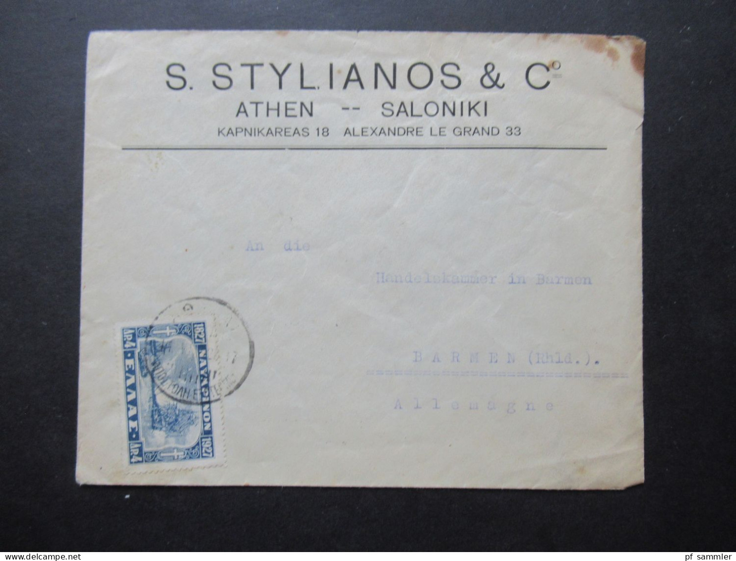 Griechenland 1928 Seeschlacht Bei Navarino Mi.Nr.322 EF Firmenumschlag S. Stylianos Athen Auslandsbrief Nach Barmen - Lettres & Documents