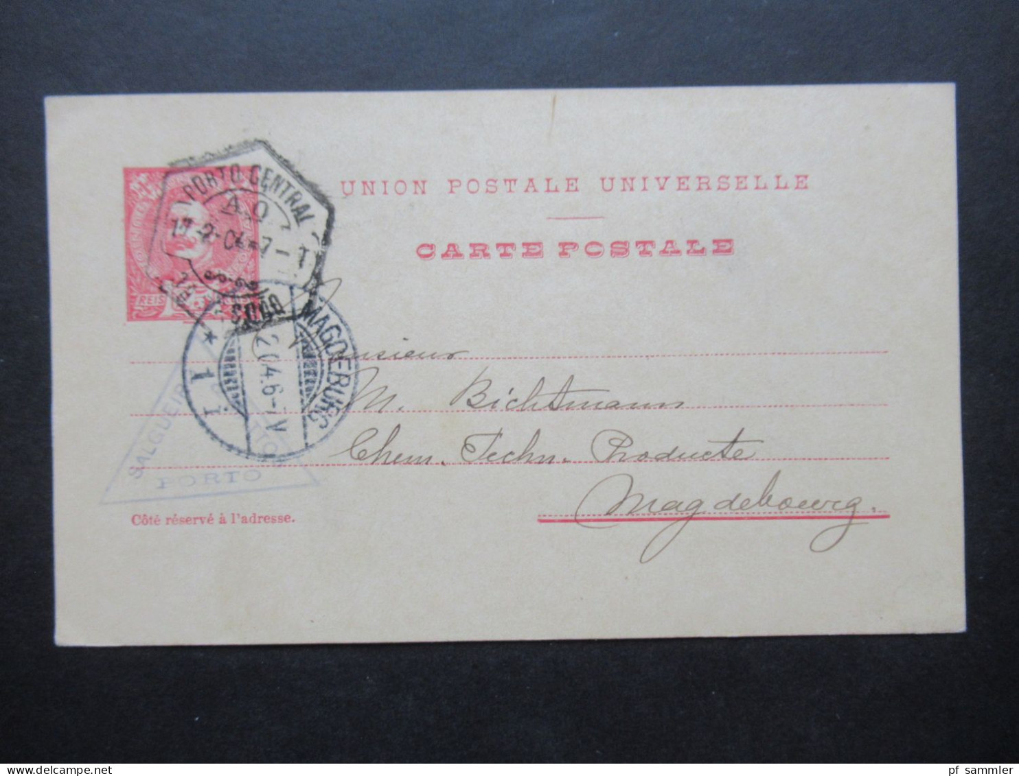 Portugal 1904 Ganzsache 25 Reis Mit Dreieckstempel Porto Salgeiro Nach Magdeburg Mit Ank. Stempel - Entiers Postaux