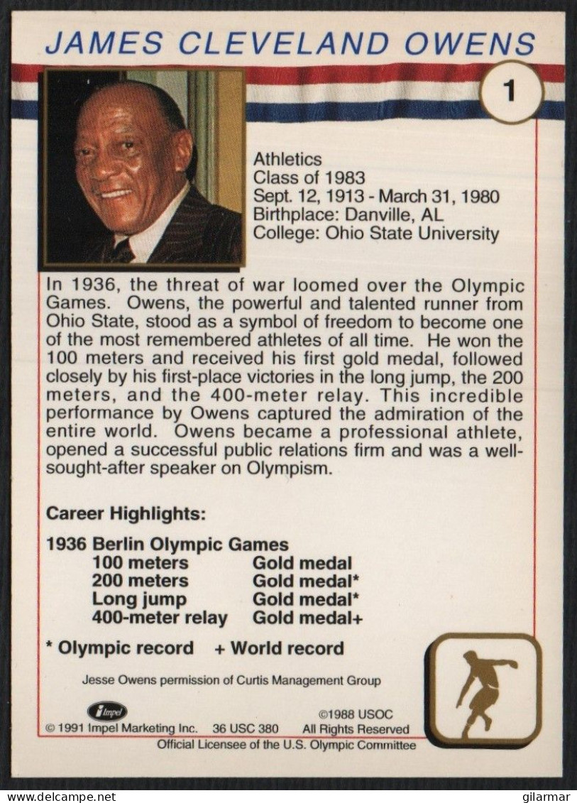 UNITED STATES - U.S. OLYMPIC CARDS HALL OF FAME - ATHLETICS - JESSE OWENS - SPEED RACES - # 1 - Tarjetas