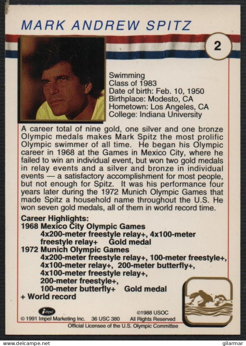 UNITED STATES - U.S. OLYMPIC CARDS HALL OF FAME - MARK ANDREW SPITZ - SWIMMING - # 2 - Tarjetas