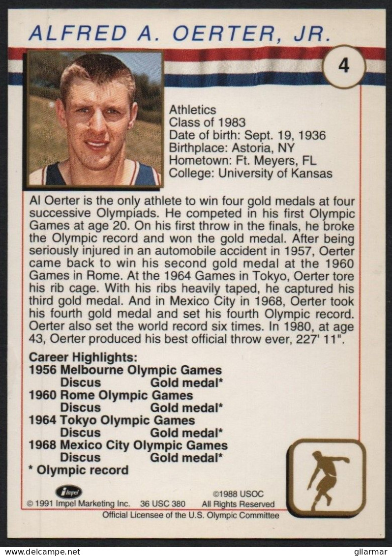 UNITED STATES - U.S. OLYMPIC CARDS HALL OF FAME - ATHLETICS - AL OERTER - DISCUS THROW - # 4 - Trading Cards