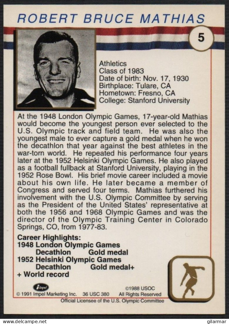 UNITED STATES - U.S. OLYMPIC CARDS HALL OF FAME - ATHLETICS - BOB MATHIAS - DISCUS THROW - # 5 - Tarjetas