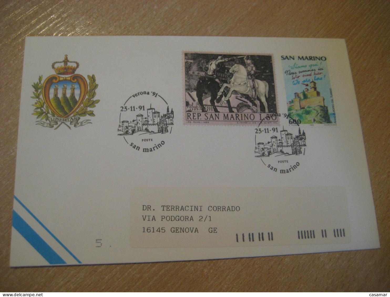 Verona 1991 Cancel Paolo Uccello Painting Turismo Tourism Tourist Stamps SAN MARINO Italy Italia - Cartas & Documentos