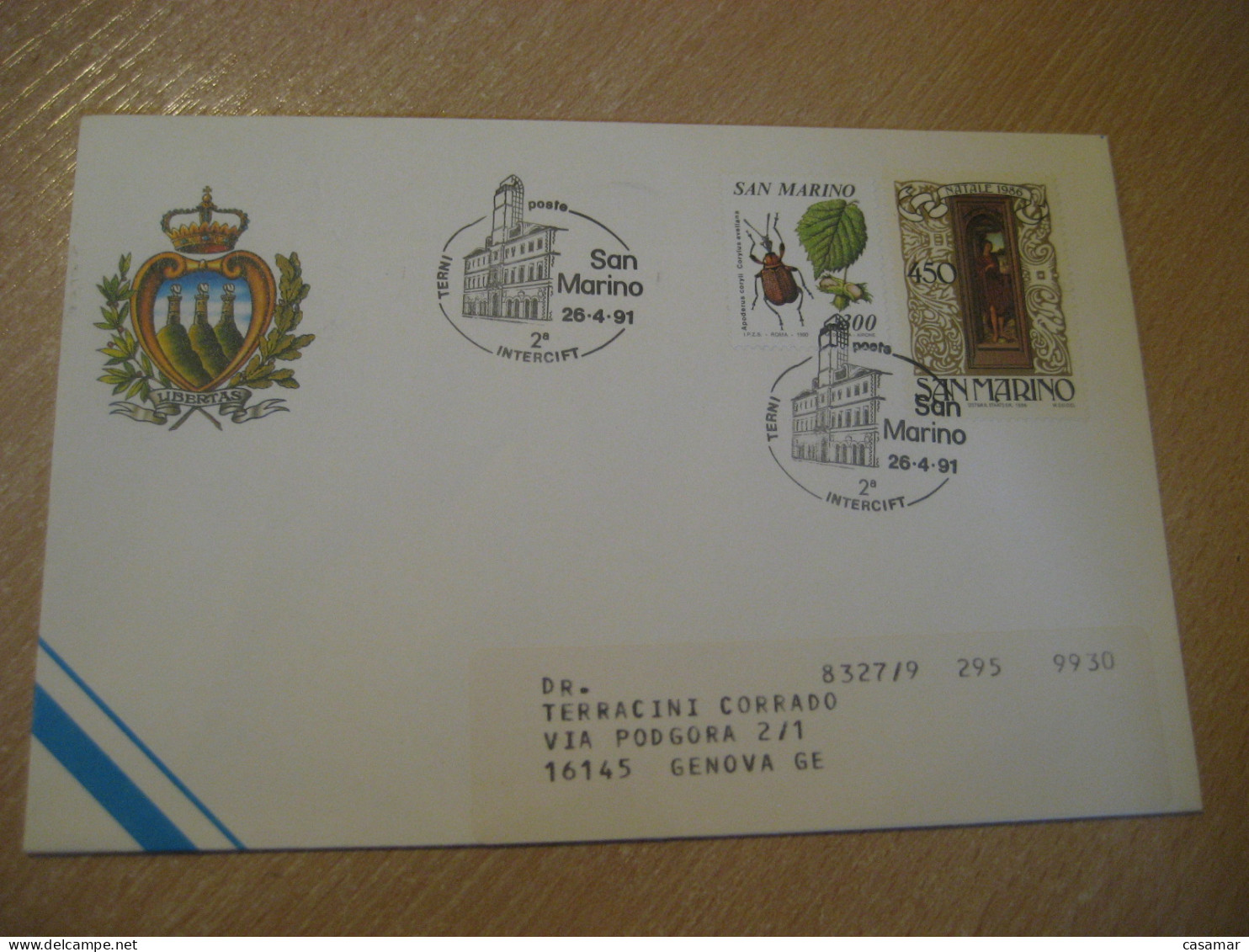 Terni 1991 Intercift Cancel Corylus Avellana Beetle Apoderus Coryli Insect Christmas Stamps SAN MARINO Italy Italia - Covers & Documents