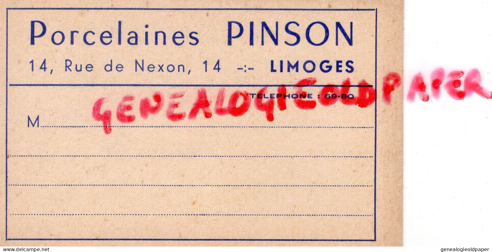 87- LIMOGES- CARTE COMMERCIALE CARTON RIGIDE PORCELAINES PORCELAINE PINSON - 14 RUE DE NEXON - Visitekaartjes