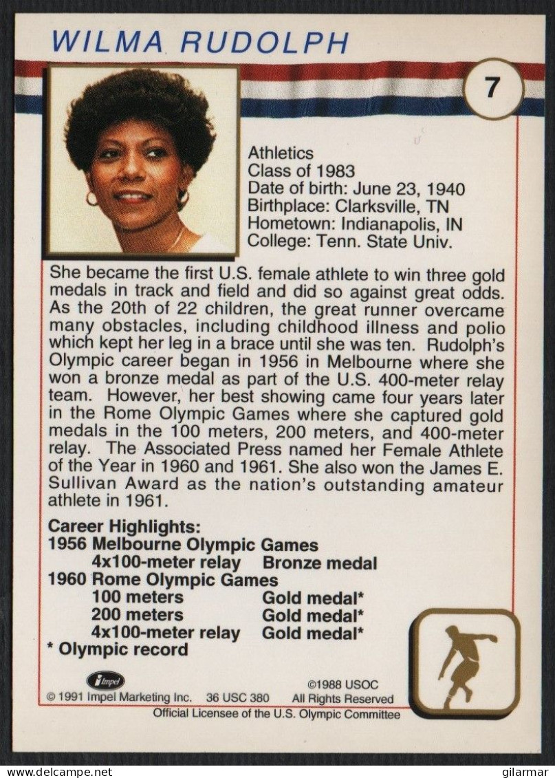 UNITED STATES - U.S. OLYMPIC CARDS HALL OF FAME - ATHLETICS - WILMA RUDOLPH - SPEED RACES - # 7 - Tarjetas