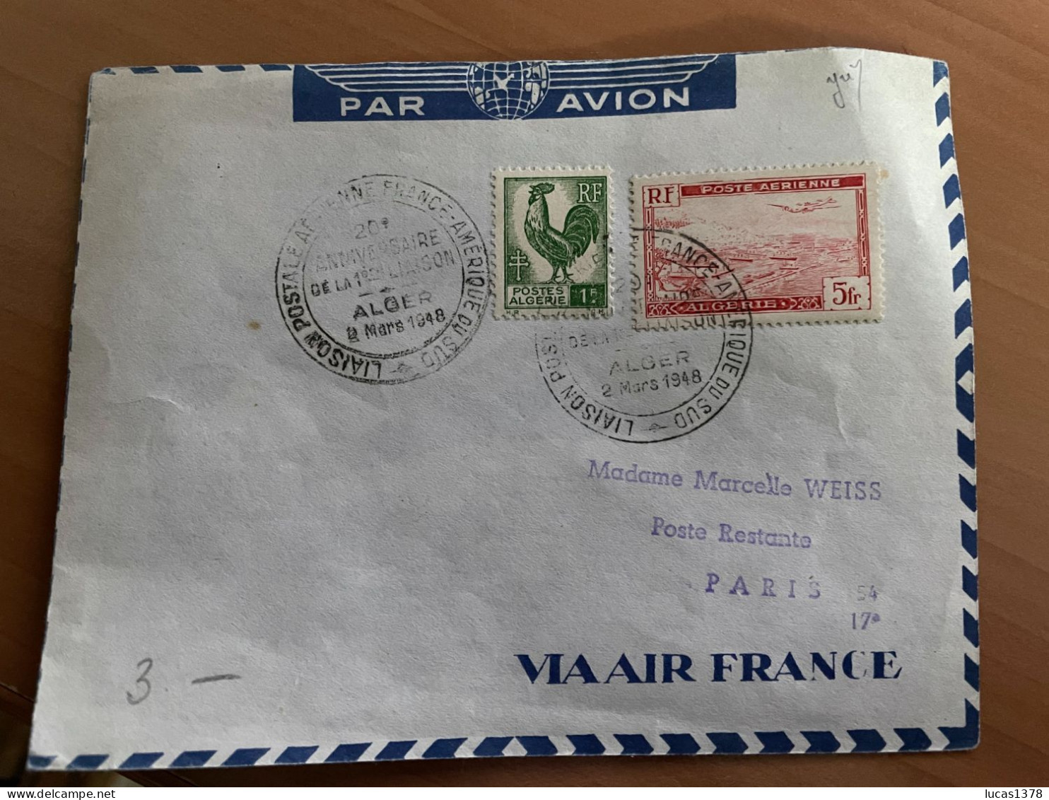 ALGERIE. LETTRE PAR AVION. 20° ANNIVERSAIRE DE LA 1° LIAISON ALGER 2 MARS 1948 - Poste Aérienne