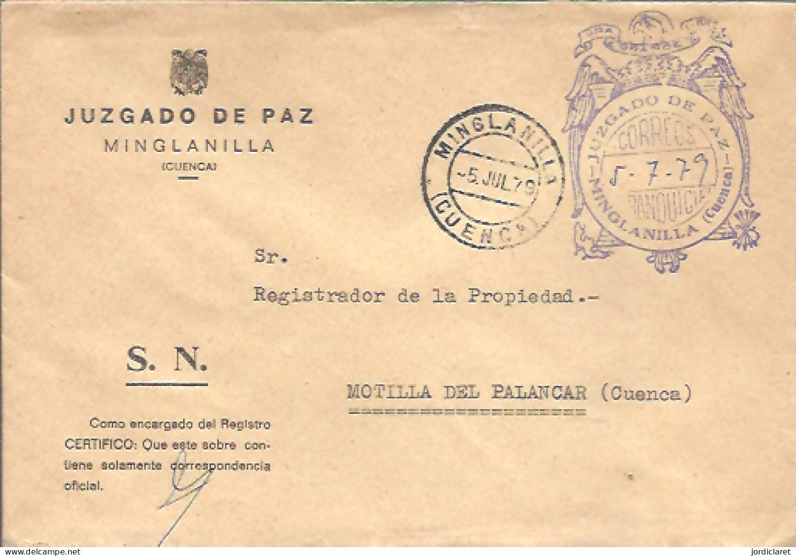 JUZGADO DE PAZ 1979  MINGLANILLA   CUENCA - Franchise Postale