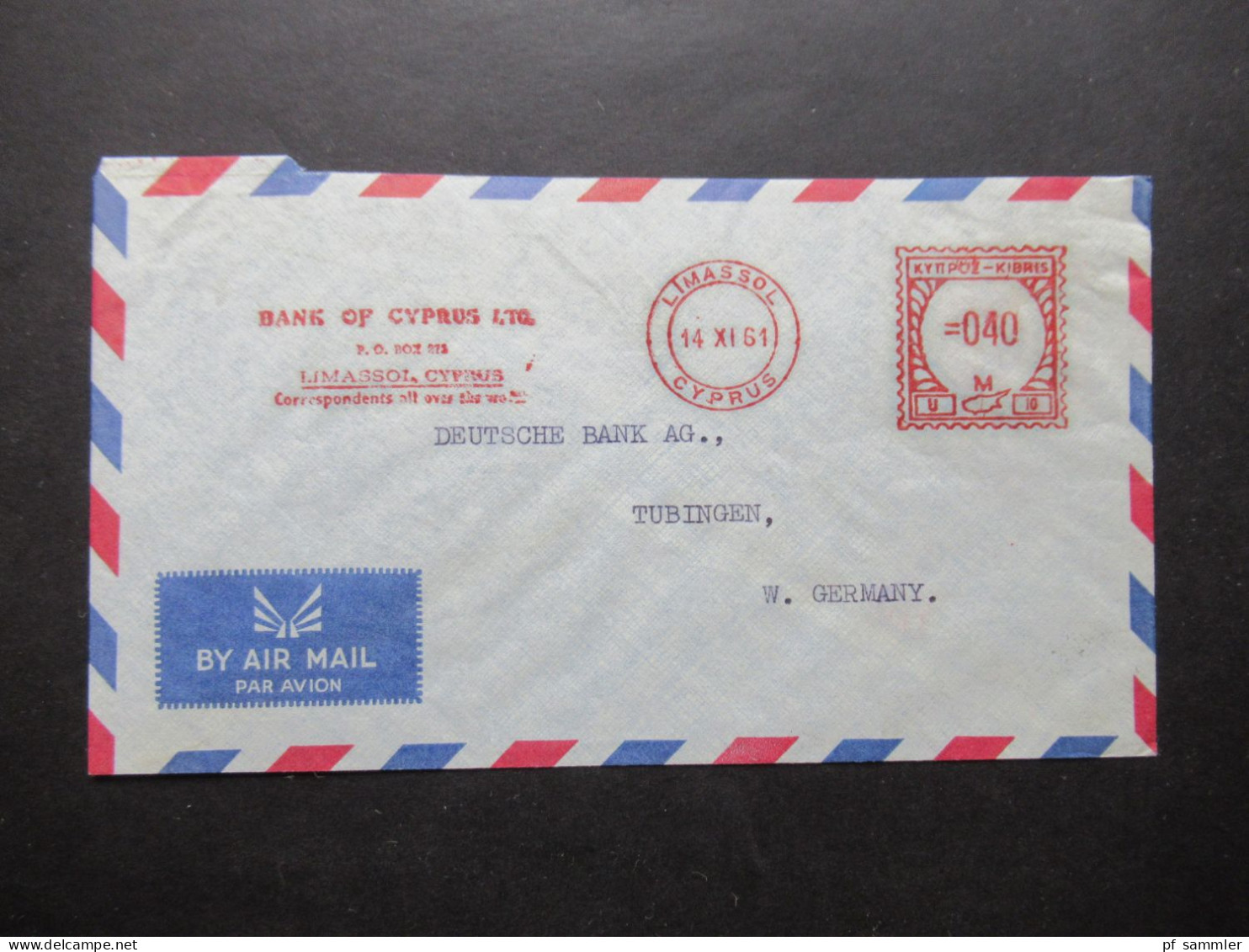 Zypern 1961 Par Avion Auslandsbrief Nach Tübingen Mit Freistempel AFS Limasol Cyprus Bank Of Cyprus LTD - Briefe U. Dokumente