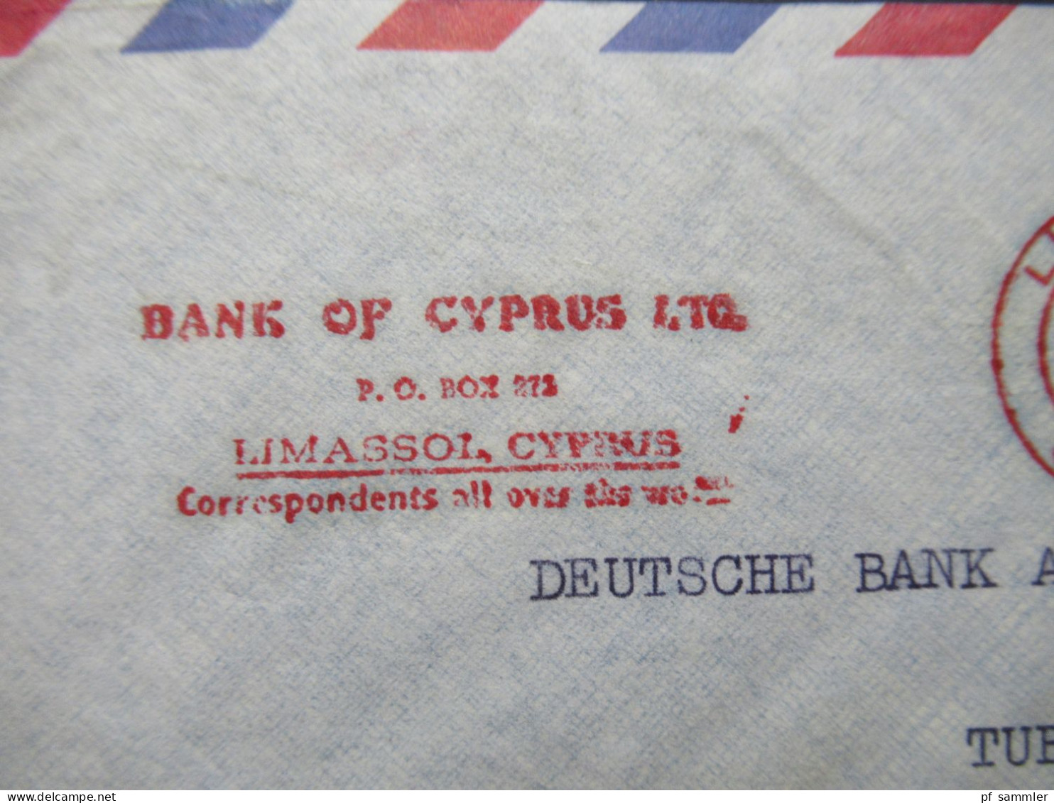 Zypern 1961 Par Avion Auslandsbrief Nach Tübingen Mit Freistempel AFS Limasol Cyprus Bank Of Cyprus LTD - Brieven En Documenten