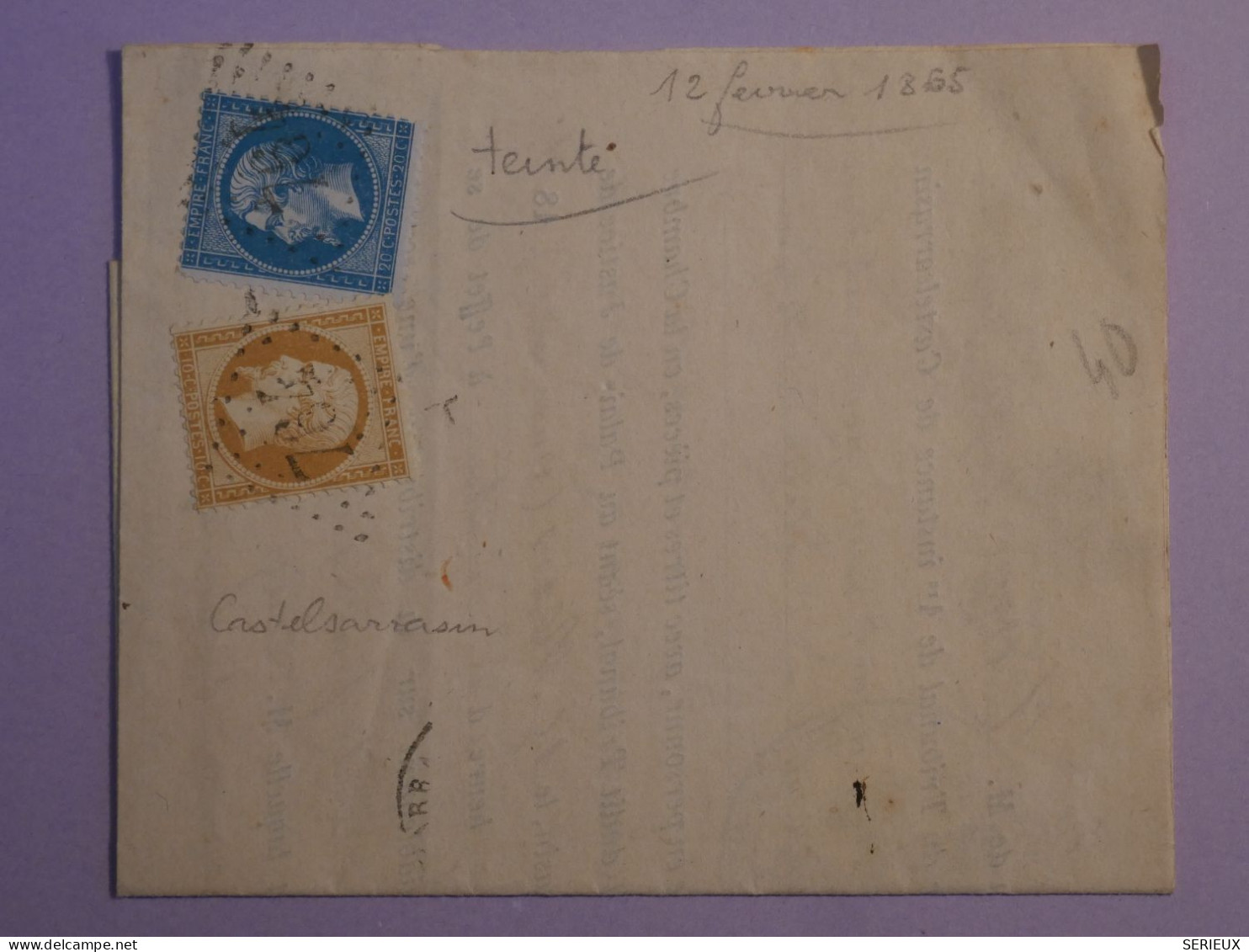 BQ17 FRANCE BELLE LETTRE RECEPISSé 1865 CASTELSARRAZIN   +NAPOLEON .   +AFF. INTERESSANT++ ++ - 1862 Napoleon III