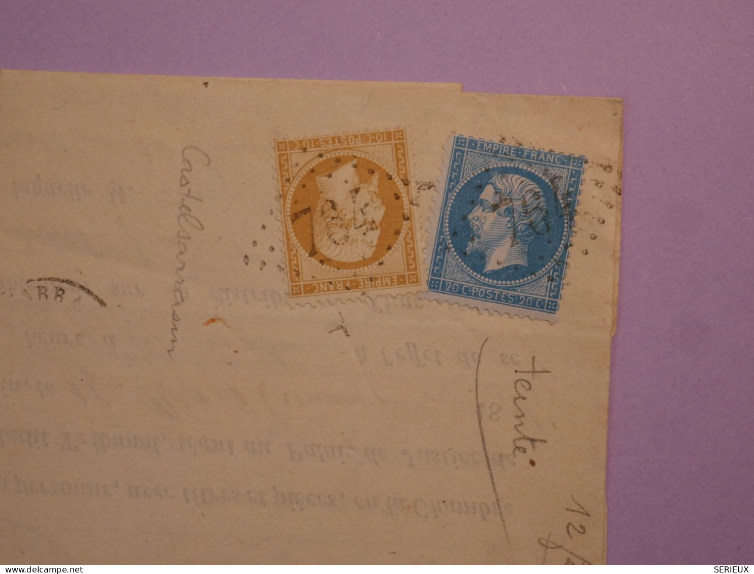 BQ17 FRANCE BELLE LETTRE RECEPISSé 1865 CASTELSARRAZIN   +NAPOLEON .   +AFF. INTERESSANT++ ++ - 1862 Napoleon III