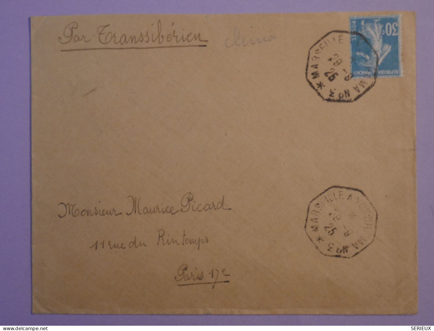 BQ17 CHINA FRANCE BELLE LETTRE 1925   A PARIS  VIA TRANSSIBERIEN  .MARSEILLE +  +AFF. INTERESSANT++ ++ - Lettres & Documents