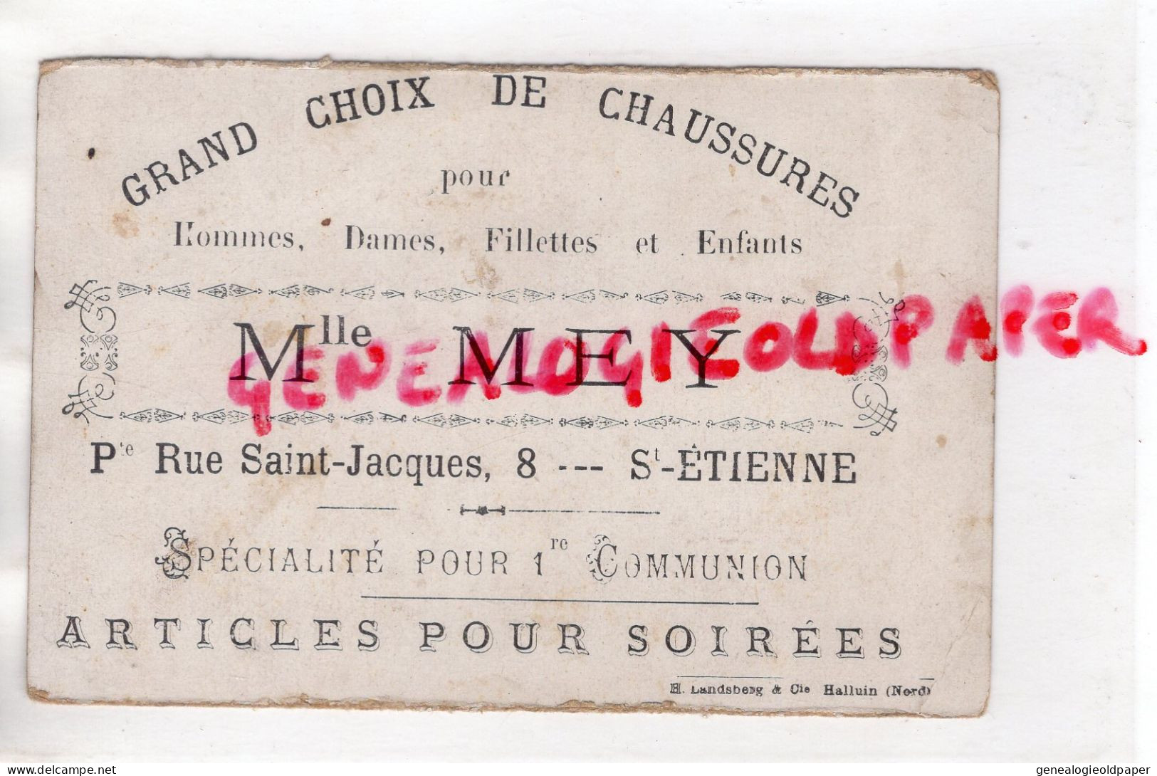 42- ST SAINT ETIENNE - IMAGE CHROMO MLLE MEY- MAGASIN CHAUSSURES- 8 RUE SAINT JACQUES - COMMUNION - Sonstige & Ohne Zuordnung