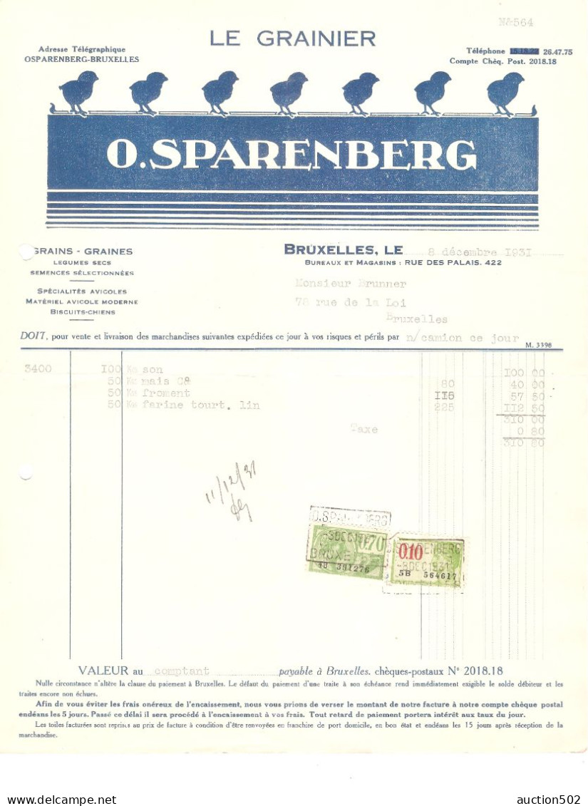 Facture 1931 Bruxelles O. Sparenberg "LE GRAINIER" + TP Fiscaux > E/V - Lebensmittel