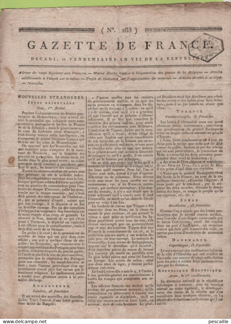 GAZETTE DE FRANCE 10 VENDEMIAIRE AN 7 - INDE GOA BENGALE - EGYPTE BONAPARTE - ARAU - VIENNE - RASTATT - LA HAYE - TABAC - Zeitungen - Vor 1800